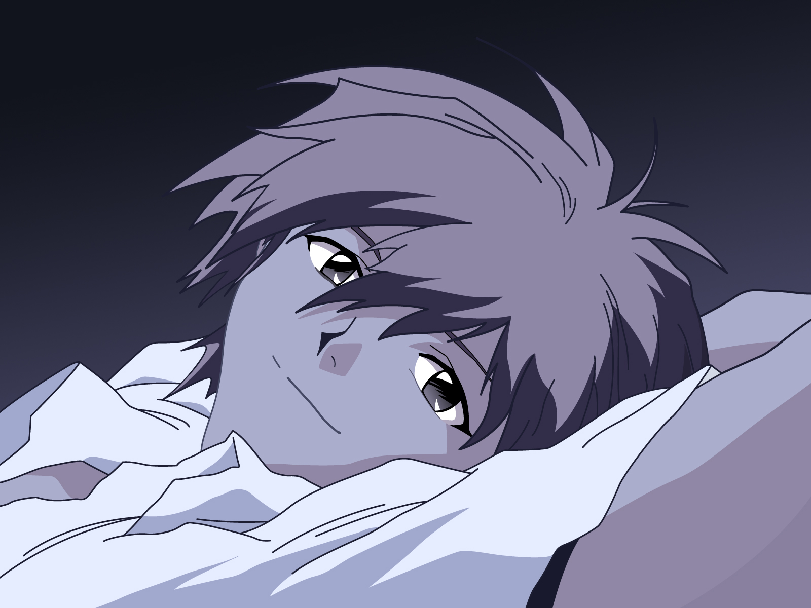nagisa kaworu, neon genesis evangelion, derivative work, highres, vector trace, 1boy, arms up, collared shirt, dress shirt, looking at viewer, lying, male focus, monochrome, on back, purple theme, shirt, short sleeves, smile, solo, upper body