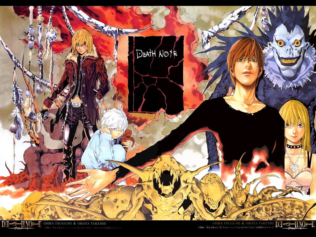 obata takeshi, amane misa, mello (death note), near (death note), ryuk, yagami light, death note, official art, 00s, book, shinigami