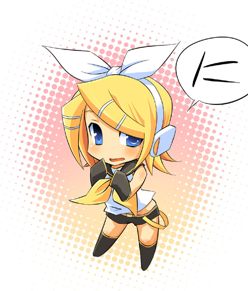 hermmy, kagamine rin, vocaloid, 1girl, arm warmers, belt, black boots, black shorts, blonde hair, blouse, blue eyes, blush, boots, bow, chibi, female focus, full body, hair ornament, hair ribbon, hairclip, headphones, looking at viewer, open mouth, ribbon, sailor collar, shirt, short hair, shorts, sleeveless, sleeveless shirt, solo, speech bubble, standing, white bow, white shirt