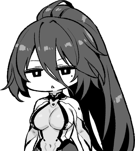 hori (hori no su), kansas (azur lane), azur lane, azur lane: slow ahead, lowres, 1girl, black hair, bodysuit, breasts, chibi, chibi only, covered navel, greyscale, high ponytail, large breasts, long hair, looking at viewer, mole, mole under eye, monochrome, parted lips, ponytail, simple background, solo, triangle mouth, upper body, white background