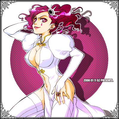 oz (invivi), cirucci sanderwicci, bleach, lowres, 00s, 1girl, 2006, arm up, arrancar, artist name, breasts, cleavage, cleavage cutout, clothing cutout, covered erect nipples, dated, dress, facial mark, female focus, hair ornament, jewelry, large breasts, lipstick, makeup, navel cutout, no bra, puffy sleeves, purple eyes, purple hair, ring, short twintails, side slit, smirk, solo, tattoo, teardrop tattoo, thighhighs, twintails, watermark, wavy hair, white dress, white thighhighs