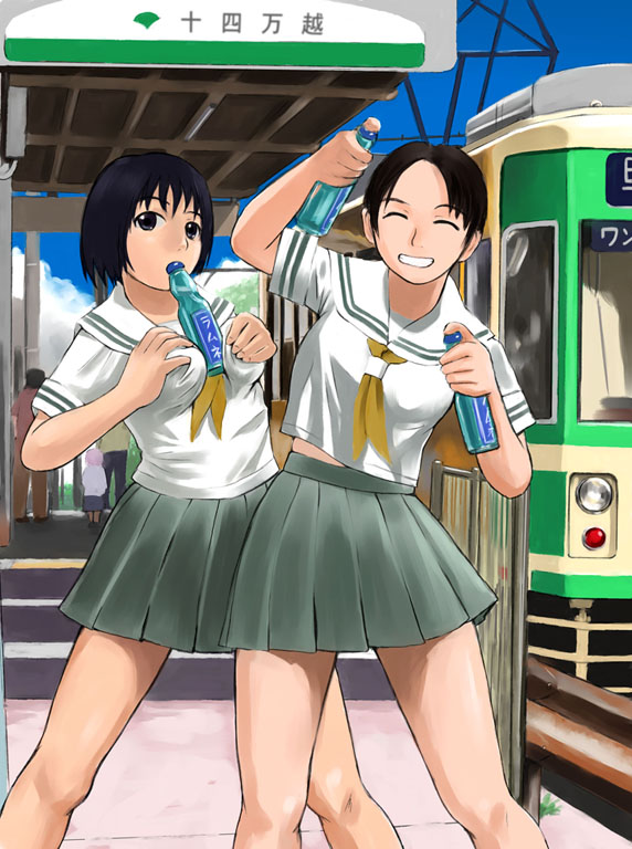 mimura kaoru, between breasts, breasts, drink, multiple unit train, ramune, school uniform, serafuku, sexually suggestive, skirt, train