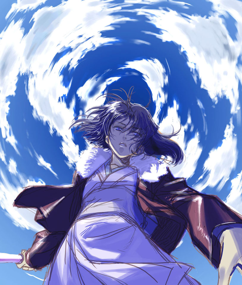 hiroe rei, ryougi shiki, kara no kyoukai, 1girl, black hair, cloud, day, female focus, jacket, japanese clothes, kimono, red jacket, short hair, sketch, sky, solo