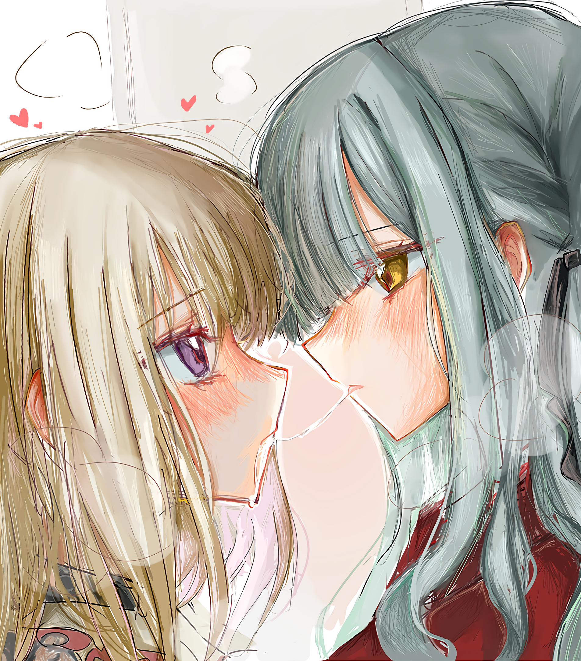 doloris (bang dream!), misumi uika, oblivionis (bang dream!), togawa sakiko, bang dream!, bang dream! it's mygo!!!!!, commentary request, highres, 2girls, after kiss, black ribbon, blonde hair, blue hair, blush, breath, closed mouth, collared shirt, drooling, hair ribbon, medium hair, multiple girls, purple eyes, red shirt, ribbon, saliva, saliva trail, se 936, shirt, two side up, yellow eyes, yuri