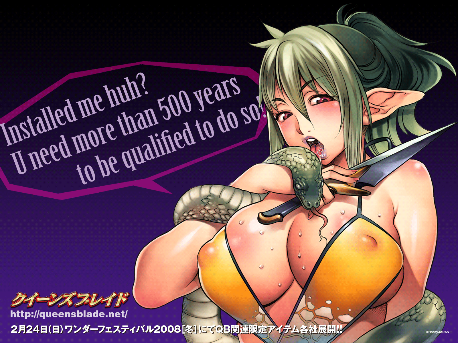 f.s., echidna (queen's blade), keltan, veteran mercenary echidna, queen's blade, silver hair, highres, official art, official wallpaper, 00s, 1girl, alternate costume, areola slip, bare shoulders, black hair, blue background, blush, body blush, breasts, bursting breasts, cleavage, colored bangs, copyright name, covered erect nipples, dagger, english text, engrish text, female focus, fingernails, gradient background, gradient hair, hair between eyes, high ponytail, holding, huge breasts, knife, large breasts, licking, lipstick, long fingernails, long hair, long pointy ears, looking at viewer, makeup, multicolored hair, nail polish, open mouth, over shoulder, pink nails, pointy ears, ponytail, purple eyes, purple lips, ranguage, red eyes, saliva, sidelocks, skindentation, snake, snakeskin print, solo, speech bubble, sweat, tongue, tongue out, two-tone hair, underboob, upper body, watermark, weapon, weapon over shoulder, web address