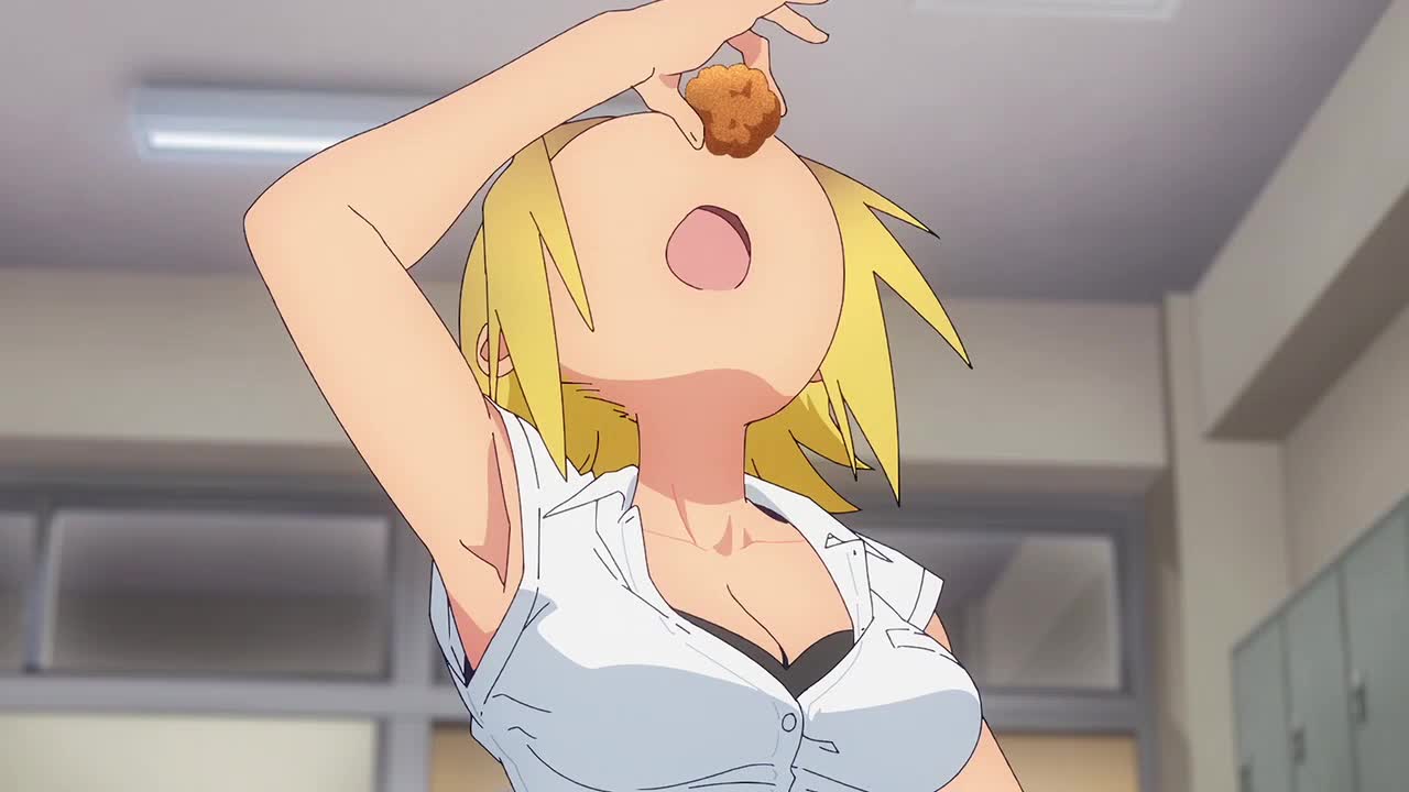 kasamaru aoi, ruri no houseki, animated, sound, tagme, video, 1girl, 2025, 20s, black bra, blonde hair, blush, bra, bra peek, breasts, brown eyes, brown hair, cleavage, collarbone, collared shirt, earrings, eating, food, gradient hair, jewelry, large breasts, multicolored hair, open mouth, parted bangs, partially unbuttoned, school uniform, shirt, short hair, short sleeves, summer uniform, underwear, white shirt