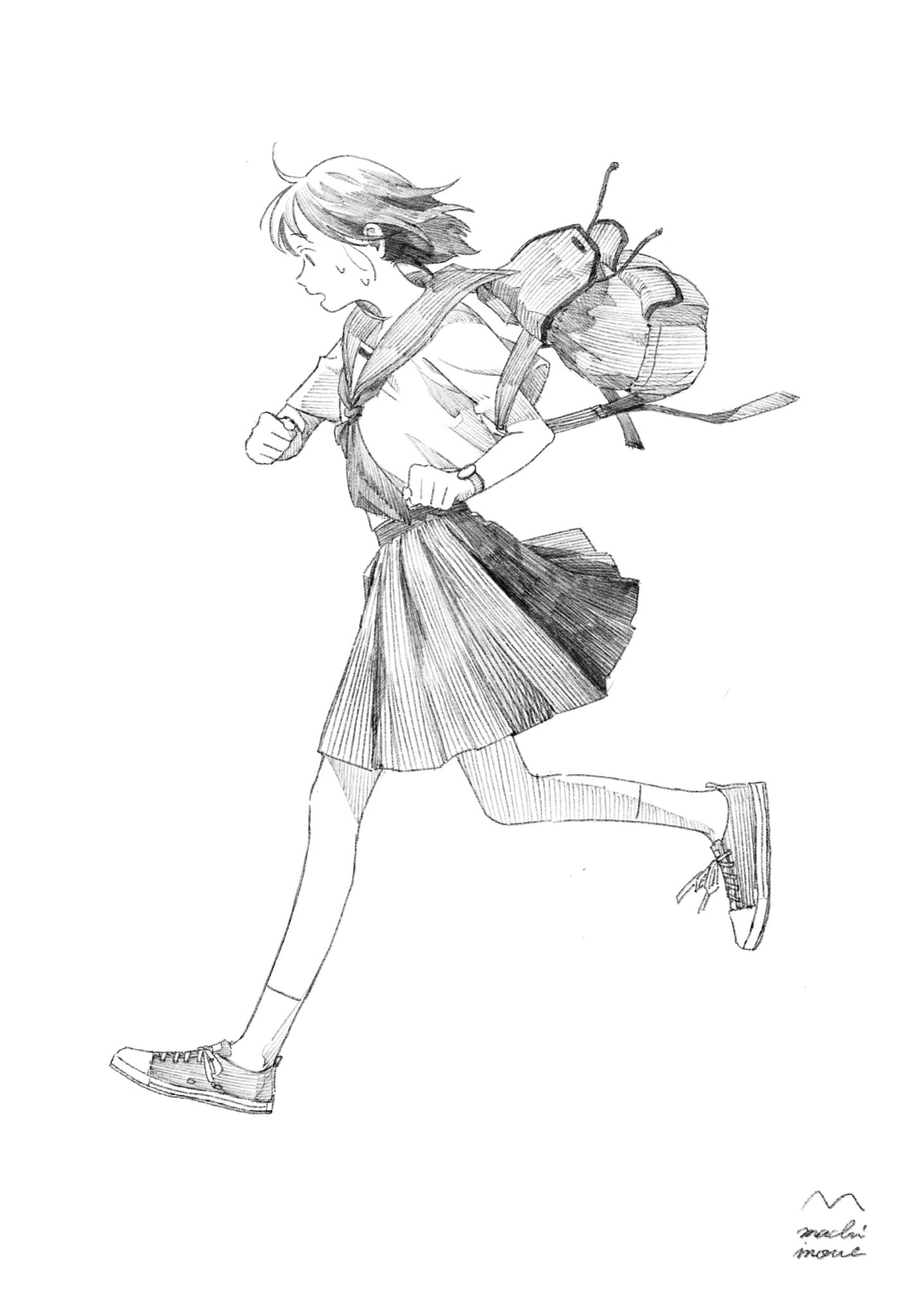 original, highres, 1girl, backpack, bag, cursive, from side, full body, greyscale, hand up, machiinoue, monochrome, neckerchief, running, sailor collar, school uniform, shirt, shoes, short hair, short sleeves, signature, simple background, skirt, sneakers, socks, solo, sweat, watch, wind, wristwatch