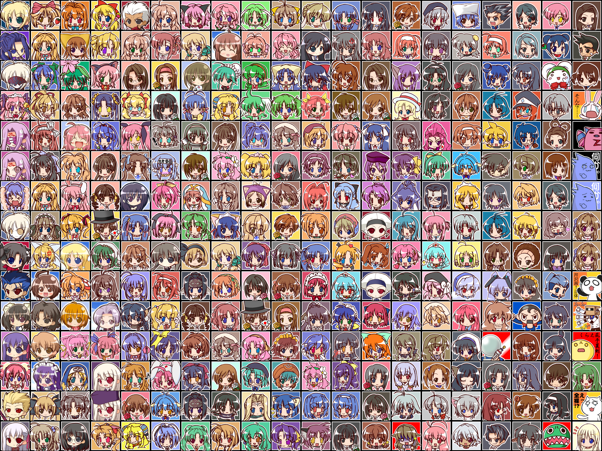 takai yone, aizawa mint, andou mahoro, archer (fate), arcueid brunestud, artoria pendragon (fate), ciel (tsukihime), cu chulainn (fate), cu chulainn (fate/stay night), dark sakura, dorry (utawarerumono), fong pudding, fujimura taiga, fujiwara zakuro, gilgamesh (fate), guraa, harukawa tomomi, hayasaka hiyori, hisui (tsukihime), illyasviel von einzbern, kaga miaya, kagami sumika, kashiwagi azusa, kashiwagi chizuru, kashiwagi hatsune, kashiwagi kaede, kasuga serina, kawahara mizune, kohaku (tsukihime), kotomine kirei, kotonomiya yuki, kousaka alice, kousaka maria, kuraki suzuna, kuraki yuriko, kurihara sayaka, len (tsukihime), leysritt (fate), maki izumi (floralia), makino nanami, matou sakura, matsunaga sara, medusa (fate), medusa (rider) (fate), mew ichigo, mew lettuce, mew mint, mew pudding, mew zakuro, midorikawa lettuce, mitsuki (sister angel), mitsurugi meiya, miyashiro karin, momomiya ichigo, mori aoba, narukaze minamo, pakuman, phoenix wright, saber (fate), saber alter, saber alter (first ascension), sakaki chizuru, sakuma haruhi, sakurai shino, sannomiya yukari, sasaki kojirou (fate), satomi kodama, sella (fate), serizawa kagura, shinjou izumi, shirase ui, shirogane takeru, sion eltnam (type-moon), sion eltnam atlasia, suzumiya akane, tachibana ran, tamase miki, tohno akiha, tohsaka rin, toujou reimi, tsukihime souka, tsukuyomi mana, yaegashi tsubasa, yagami coco, yamato suzuran, yashiro kasumi, yoroi mikoto, yumizuka satsuki, yuuki hikari (crimson alive), .hack//, .hack//tasogare no udewa densetsu, ace attorney, arc system works, ashita no nadja, ashita no yukinojou, bandai, broccoli (company), canvas, canvas (cocktail soft), capcom, chuuken didi, cosmos no sora ni, cyber connect 2, dai (series), daiakuji, diabolique, ever 17, fate/stay night, fate (series), floralia, galaxy angel, genome (manga), genomu, gin'iro, guilty gear, hajimete no oisha-san, hajimete no orusuban, heaven's feel, ichigo mashimaro, kao no nai tsuki, kazoku keikaku, kikokugai, kimi ga nozomu eien, kizuato, kurukuru rinne, love escalator, magical antique, mahoraba, mahoromatic, mahou shoujo ai, mamatoto, maria-sama ga miteru, milkyway, mizuiro, muv-luv, ninin ga shinobuden, nurse witch komugi-chan, otona ni naru jumon, pandora no yume, pani poni dash!, pastel chime, rizelmine, rocket no natsu, sister angel, snow (game), sore wa maichiru sakura no you ni, suigetsu, tenshi no inai 12-gatsu, tokyo mew mew, triangle heart, triangle heart 2, triangle heart 3, tsuki kagerou, tsukihime, tsukikagerou, ukagaka, utawarerumono, watashi ni omakafe, wind a breath of heart, with you, yoru ga kuru, yoru ga kuru!, yumeria, annotated, character request, highres, third-party edit, 00s, 6+boys, 6+girls, absolutely everyone, angel wing uniform, black eyes, black hair, blonde hair, blue eyes, blue hair, breaker gorgon, brown eyes, brown hair, chibi, collage, crossover, everyone, green eyes, green hair, hair intakes, hakuryou high school uniform, icon (computing), multiple boys, multiple crossover, multiple girls, orange hair, outline, pink eyes, pink hair, purple eyes, purple hair, red eyes, red hair, school uniform, square pupils, white hair, white outline, yellow eyes