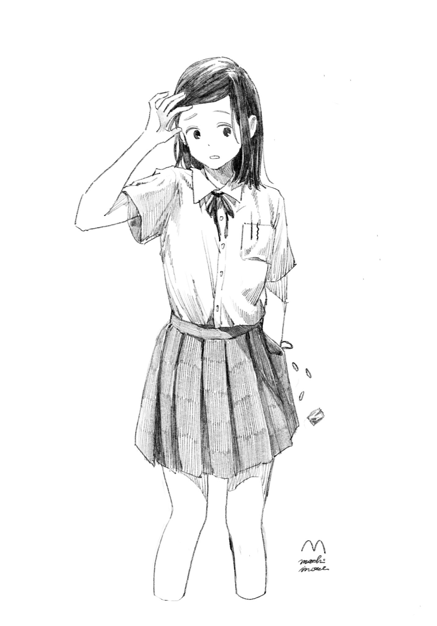 original, highres, 1girl, arm up, breast pocket, candy wrapper, collared shirt, cropped legs, greyscale, hand in pocket, looking down, machiinoue, medium hair, monochrome, neck ribbon, parted bangs, pleated skirt, pocket, ribbon, shirt, shirt tucked in, short sleeves, signature, skirt, solo