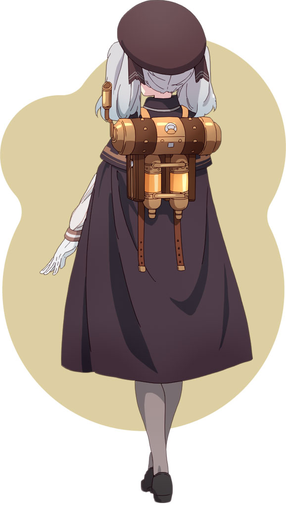 lack, retzel (prima doll), prima doll (anime), official art, 1girl, anime coloring, beret, black shoes, brown background, brown cloak, brown hat, brown ribbon, cloak, collared cloak, from behind, full body, gloves, grey hair, grey pantyhose, hair ribbon, hat, loafers, long hair, long sleeves, open hand, outstretched arm, pantyhose, ribbon, shoes, solo, standing, twintails, two-tone background, white background, white gloves