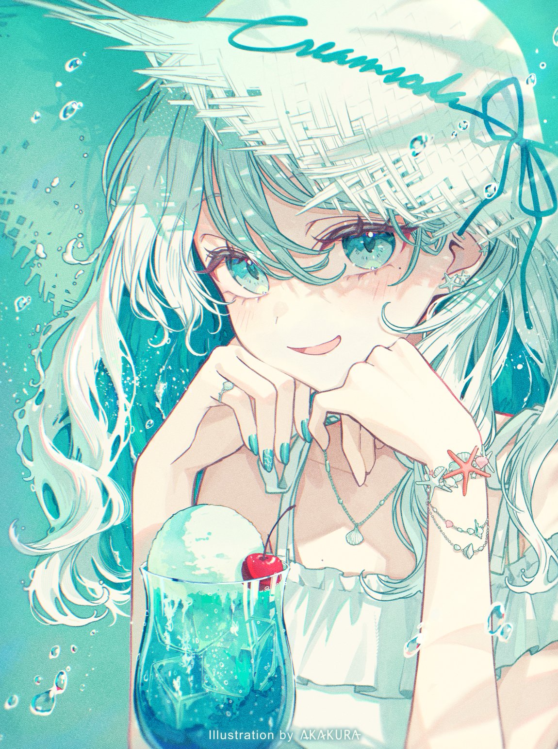 akakura, original, highres, 1girl, aqua eyes, armlet, artist name, cherry, english text, food, fruit, glass, hair between eyes, hat, jewelry, looking at viewer, necklace, open mouth, ring, shirt, simple background, sleeveless, sleeveless shirt, smile, solo, straw hat, white hair, white shirt