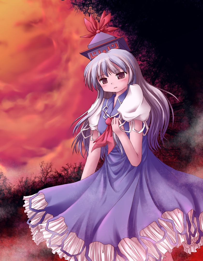 lzh, kamishirasawa keine, touhou, kerchief, silver hair, 1girl, blue dress, blush, dress, female focus, frilled dress, frills, hand on own chest, hat, long sleeves, puffy short sleeves, puffy sleeves, red eyes, red ribbon, ribbon, short sleeves, solo, tate eboshi