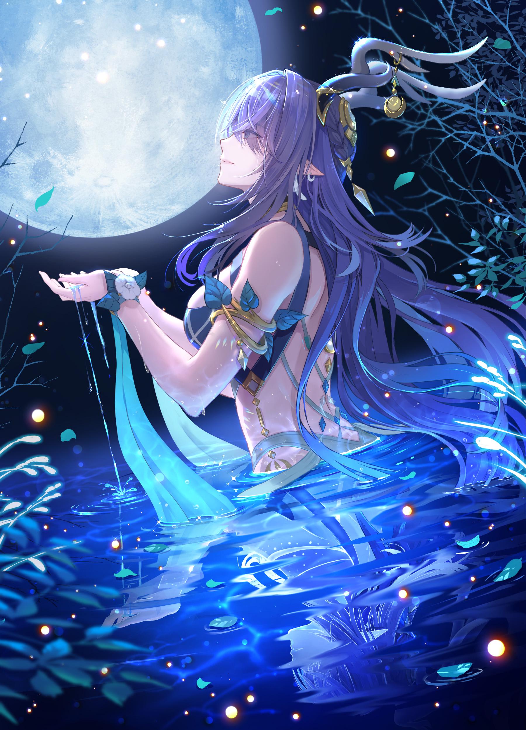 nyansan oekaki, lauma (genshin impact), genshin impact, absurdres, highres, official art, second-party source, 1girl, antlers, bare shoulders, blue eyes, blue hair, breasts, earrings, guest art, hair ornament, horns, jewelry, large breasts, long hair, moon, pointy ears, solo, water