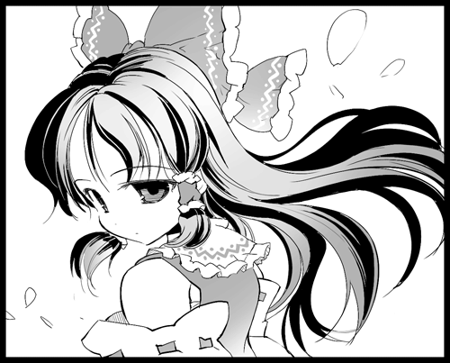 takahata yuki, hakurei reimu, touhou, eyebrows, lowres, 1girl, bare shoulders, black border, border, bow, detached sleeves, female focus, frilled bow, frilled shirt collar, frills, greyscale, hair bow, hair tubes, medium hair, monochrome, ribbon-trimmed sleeves, ribbon trim, shirt, sleeveless, sleeveless shirt, solo, upper body, white background