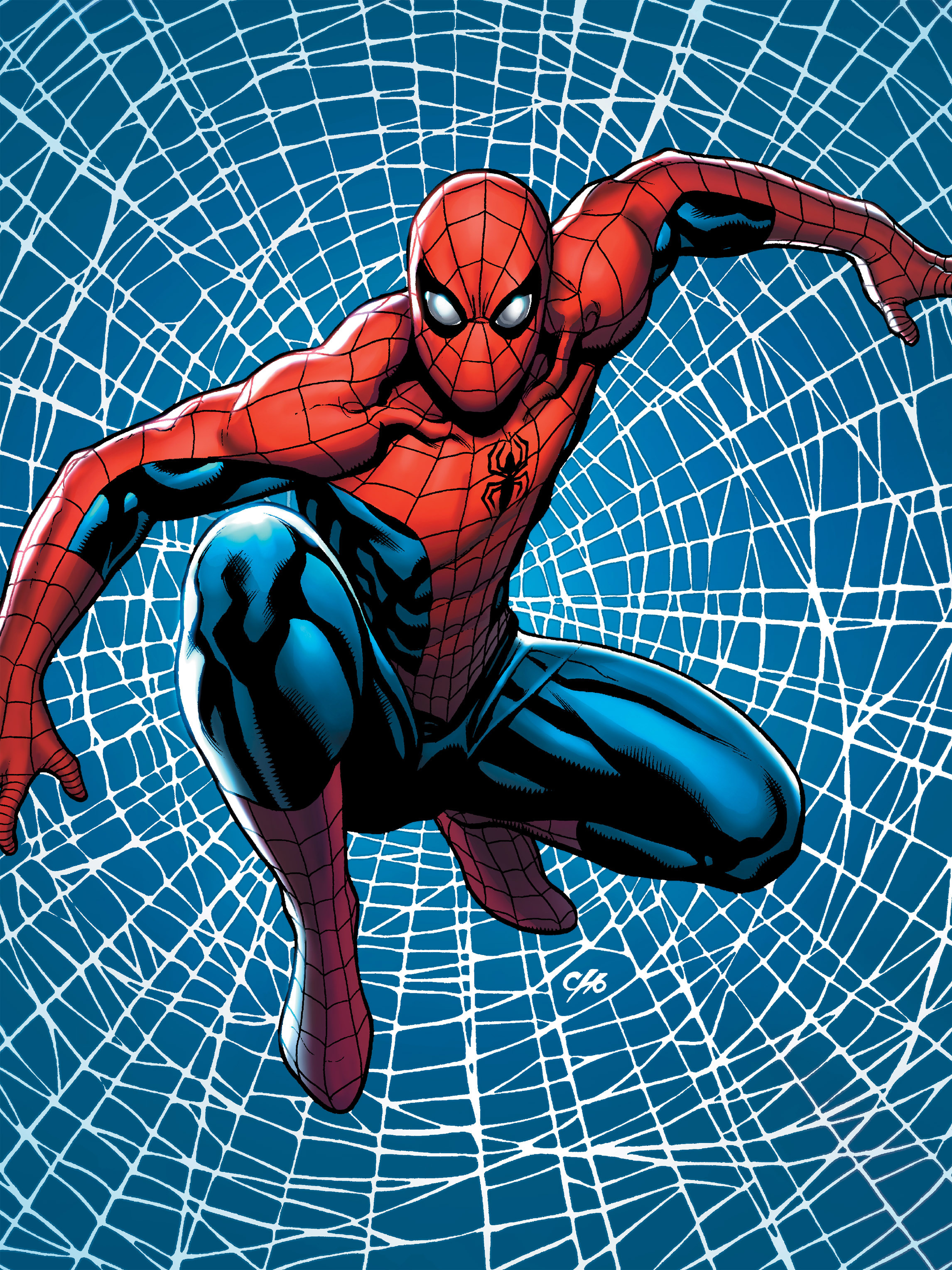 frank cho, spider-man, marvel, spider-man (series), absurdres, highres, non-web source, 1boy, abstract background, squatting, superhero costume
