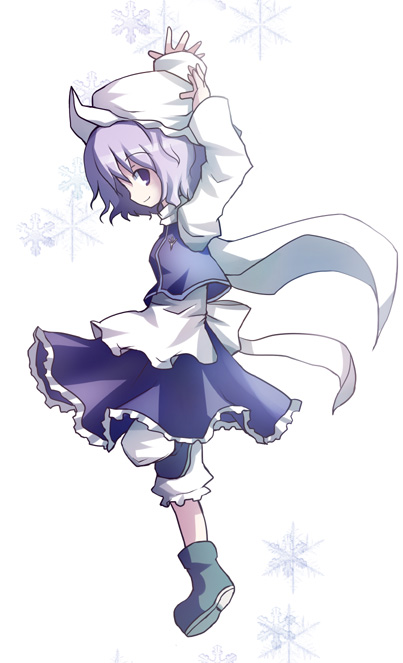dorua (dollar), letty whiterock, touhou, 1girl, ankle boots, apron, arms up, black boots, blue dress, blush, boots, dress, female focus, from side, full body, leg up, long sleeves, purple eyes, purple hair, short hair, simple background, smile, solo, standing, standing on one leg, waist apron, white background