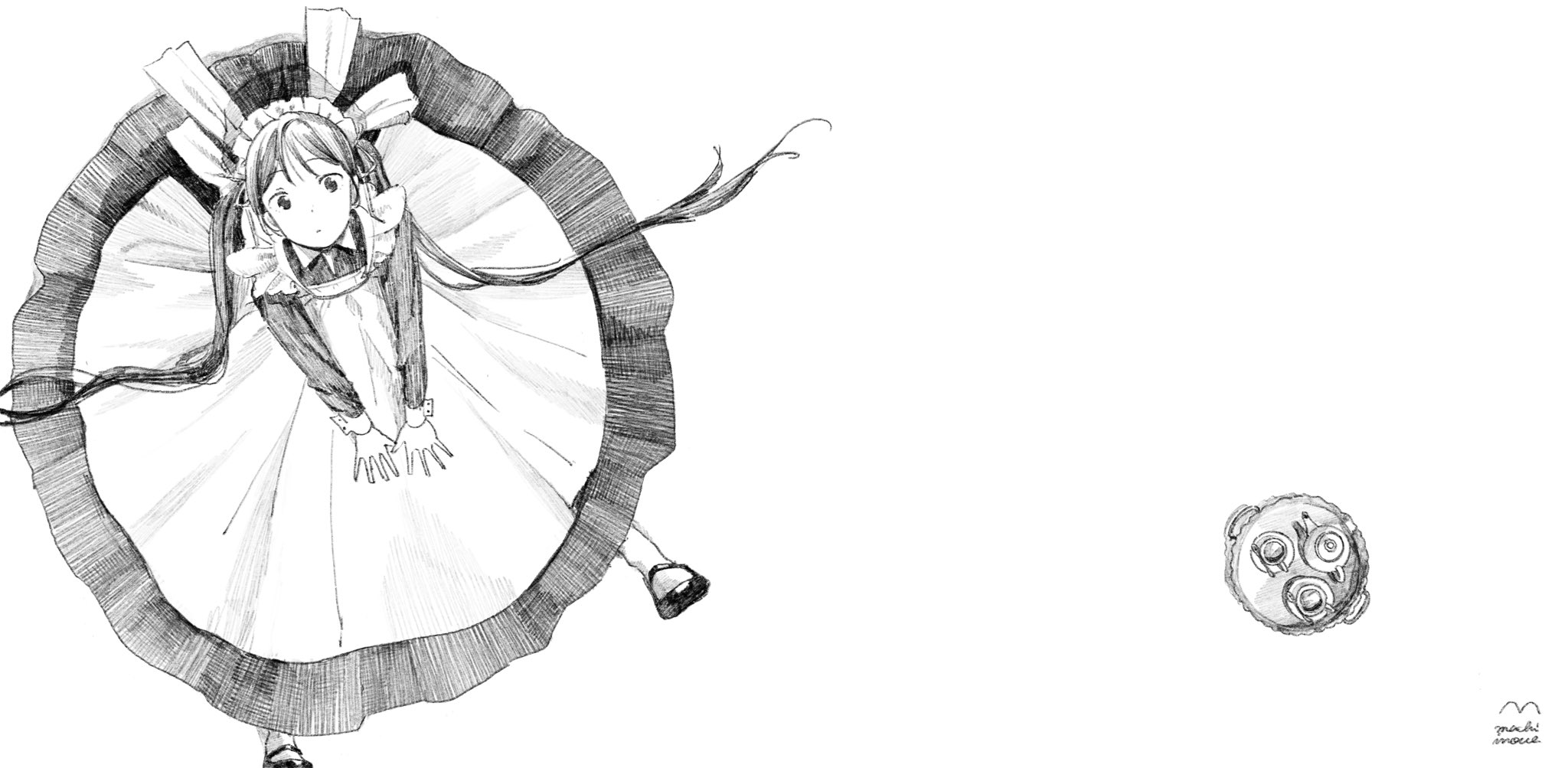 original, highres, 1girl, apron, circle skirt, closed mouth, cup, dress, from above, greyscale, hair ribbon, long hair, long sleeves, looking at viewer, machiinoue, maid, maid apron, maid headdress, mary janes, monochrome, negative space, ribbon, saucer, shoes, signature, sleeve cuffs, solo, teacup, teapot, tray, twintails
