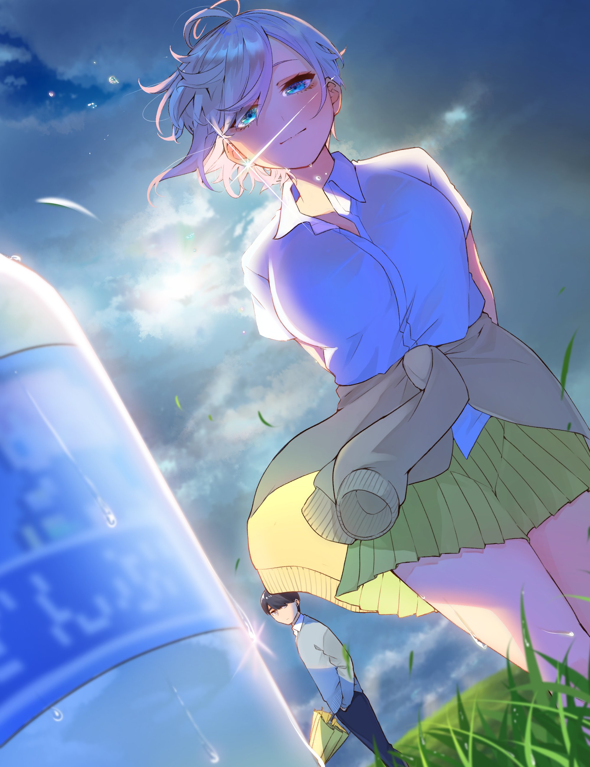 mojyu saico, nakano ichika, uesugi fuutarou, go-toubun no hanayome, absurdres, highres, 1boy, 1girl, arms behind back, black hair, blue eyes, blush, bottle, cardigan, cardigan around waist, closed mouth, clothes around waist, cloud, cloudy sky, collared shirt, foreshortening, grass, green skirt, looking at viewer, miniskirt, outdoors, pink hair, pleated skirt, school uniform, shirt, short hair, skirt, sky, summer uniform, water bottle, white shirt, wind