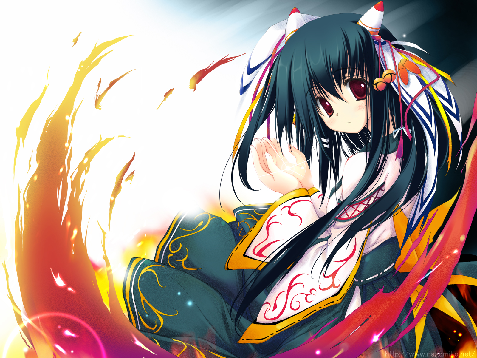 tenmu shinryuusai, highres, 1girl, bell, black hair, blush, female focus, fire, glint, green hakama, hair ornament, hakama, hakama skirt, japanese clothes, jingle bell, long hair, looking at viewer, open hands, red eyes, skirt, solo, tareme, tenmu
