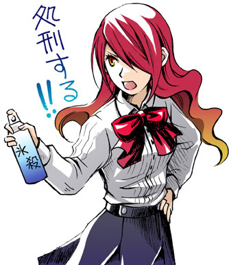 kirijou mitsuru, atlus, persona, persona 3, lowres, aerosol, bow, bowtie, hair over one eye, hand on own hip, hip focus, insecticide, solo