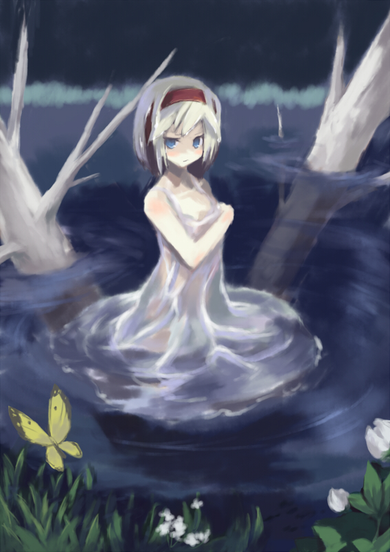 xexu, alice margatroid, touhou, 1girl, blonde hair, blue eyes, blush, bug, butterfly, dress, female focus, flower, hairband, lake, solo, white dress