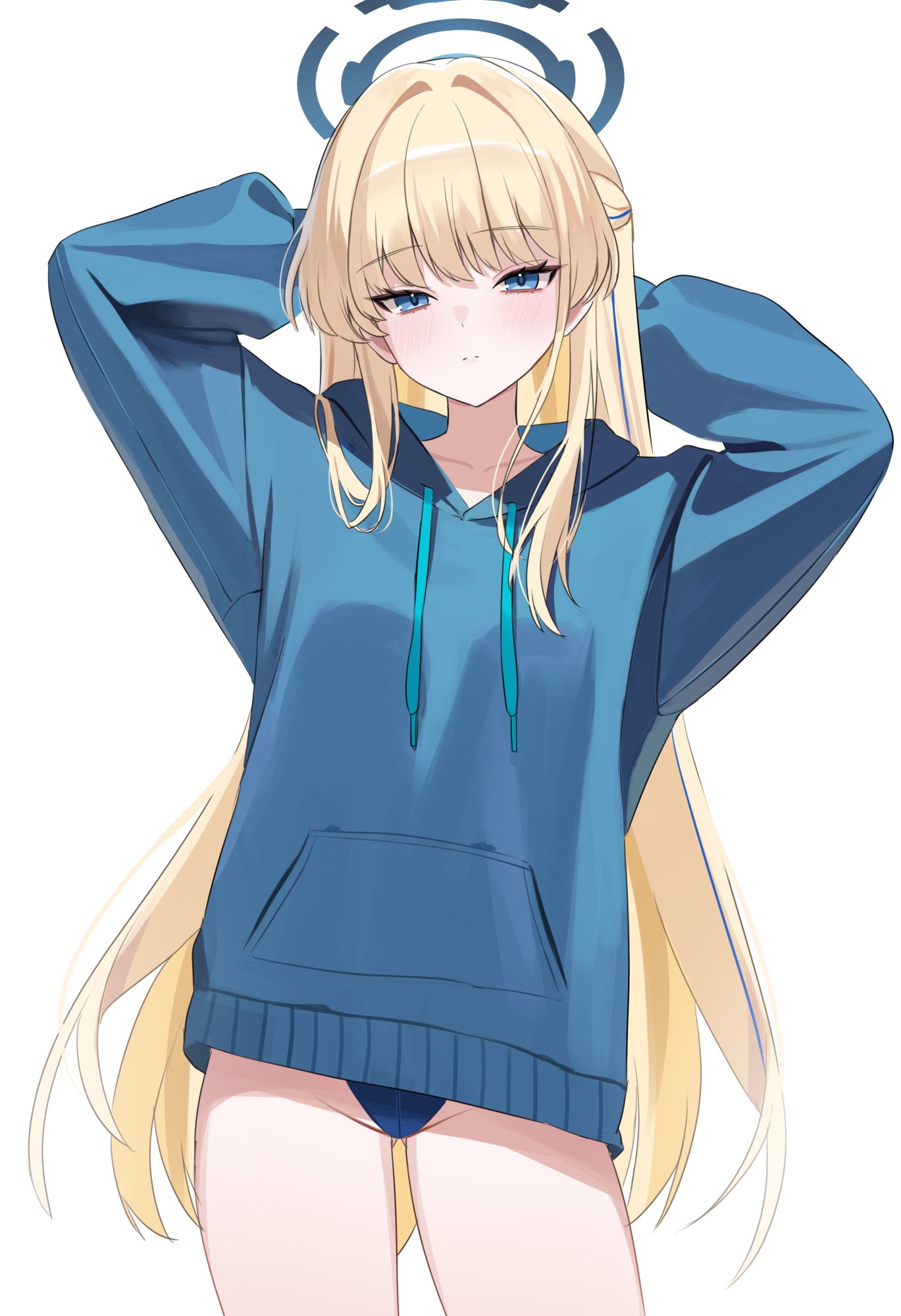 nannung, toki (blue archive), blue archive, highres, 1girl, alternate costume, arms behind head, blonde hair, blue eyes, blue halo, blue hoodie, blue panties, blush, braid, closed mouth, hair down, half up braid, halo, hood, hoodie, long hair, looking at viewer, no pants, official alternate hairstyle, panties, sidelocks, solo, underwear