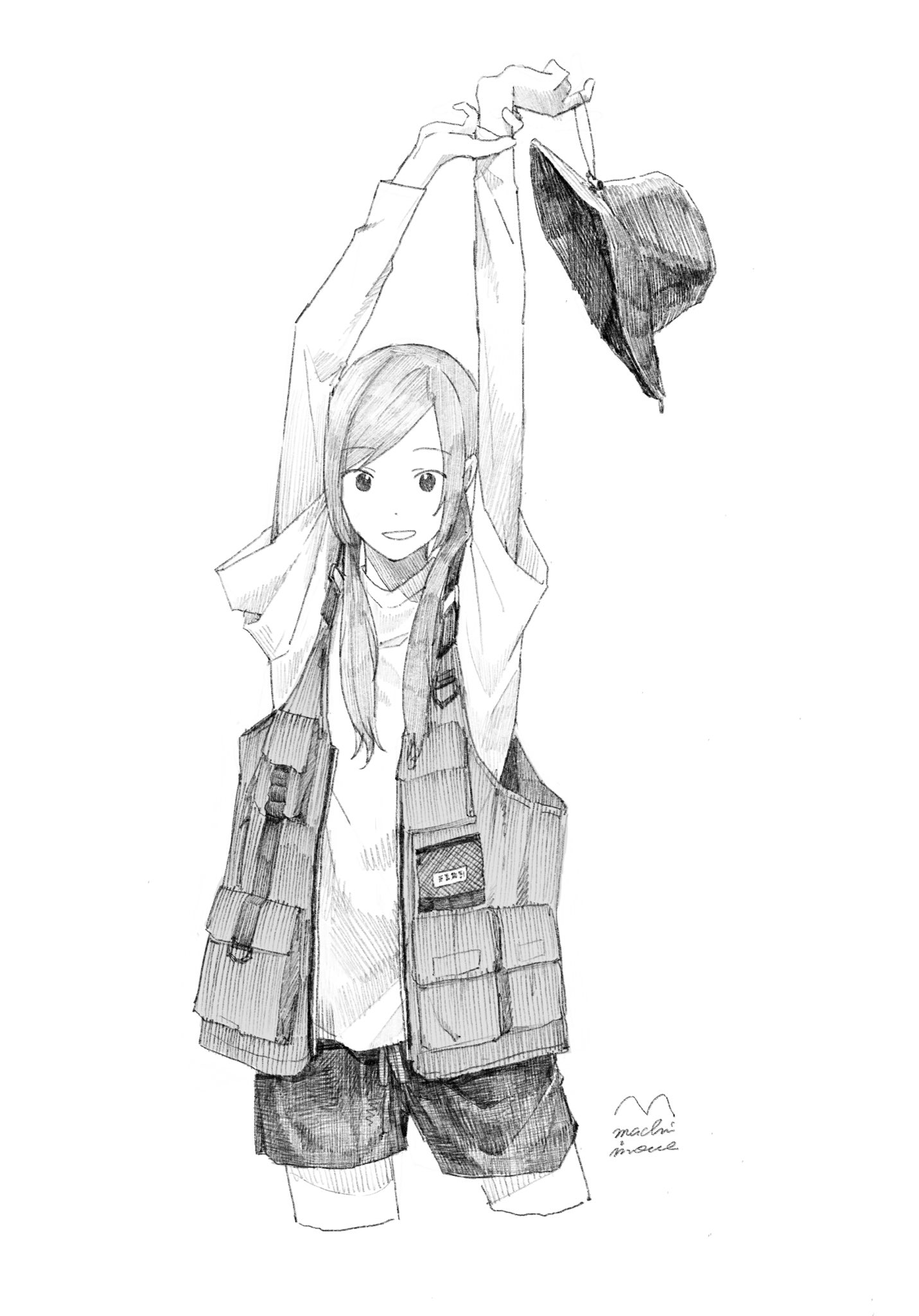 original, highres, 1girl, arms up, bucket hat, cropped legs, greyscale, hat, layered sleeves, long sleeves, looking at viewer, low twintails, machiinoue, medium hair, monochrome, parted lips, shirt, short over long sleeves, short sleeves, shorts, signature, smile, solo, t-shirt, twintails, unworn hat, unworn headwear, vest