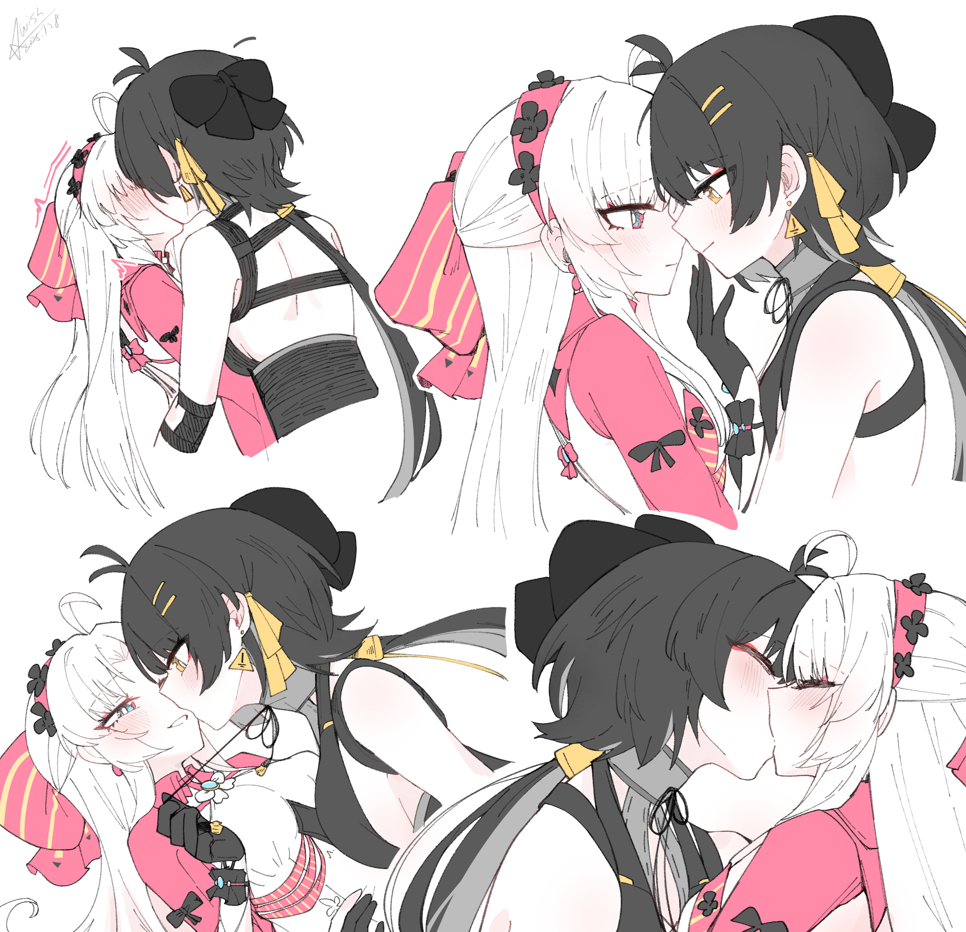 starblame, carlotta (wuthering waves), female rover (wuthering waves), rover (wuthering waves), wuthering waves, commentary request, highres, 2girls, ahoge, antenna hair, aqua eyes, bare shoulders, black bow, black gloves, black hair, blush, bow, breasts, closed eyes, closed mouth, dated, earrings, eye contact, finger to another's mouth, gloves, hair bow, hair ornament, hair ribbon, hairband, hairclip, hand up, jacket, jewelry, kiss, long hair, looking at another, low ponytail, medium breasts, multiple girls, multiple views, parallel hairclips, parted lips, pink bow, pink hairband, pink jacket, ponytail, ribbon, signature, small breasts, smile, striped bow, triangle earrings, yellow eyes, yellow ribbon, yuri