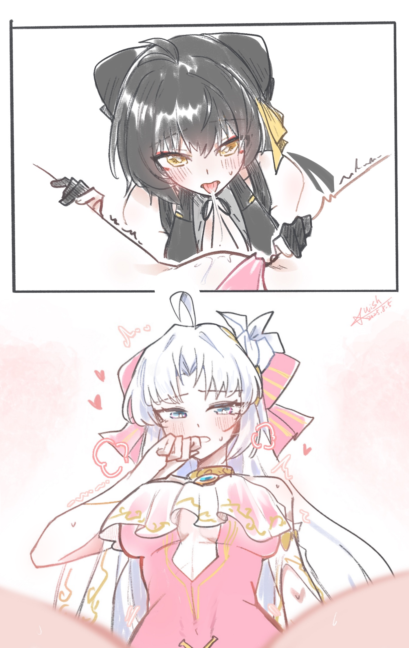 starblame, carlotta (splashing summer) (wuthering waves), carlotta (wuthering waves), female rover (wuthering waves), rover (wuthering waves), wuthering waves, commentary request, highres, 2girls, after cunnilingus, ahoge, aqua eyes, bare shoulders, black bow, blush, bow, breasts, breath, clothing aside, dated, female pov, hair bow, hair ribbon, hand up, heart, long hair, looking at viewer, medium breasts, multiple girls, official alternate costume, one-piece swimsuit, open mouth, oral, parted bangs, pink bow, pink one-piece swimsuit, pov, ribbon, saliva, saliva trail, signature, striped bow, sweat, swimsuit, swimsuit aside, thighs, tongue, tongue out, trembling, very long hair, white hair, yellow eyes, yellow ribbon, yuri