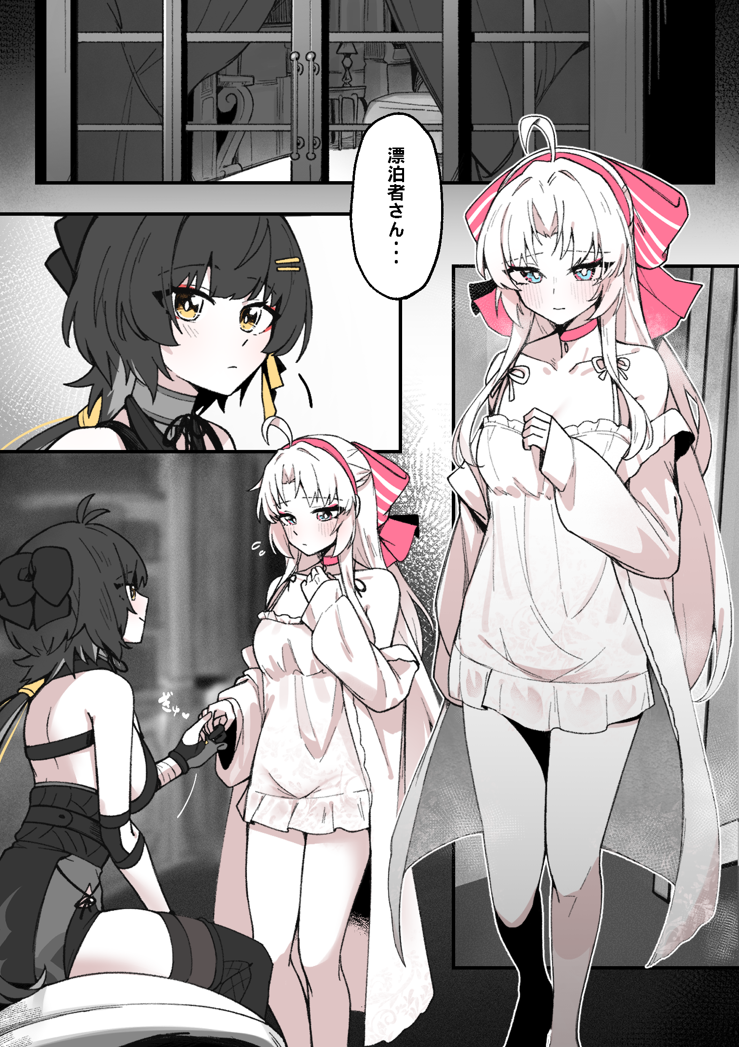 starblame, carlotta (wuthering waves), female rover (wuthering waves), rover (wuthering waves), wuthering waves, commentary request, highres, paid reward available, 2girls, ahoge, alternate costume, bare shoulders, black bow, blue eyes, blush, bow, breasts, choker, closed mouth, collarbone, dress, hair bow, hair ribbon, indoors, long hair, low ponytail, medium breasts, multiple girls, partially colored, pink bow, pink choker, ponytail, ribbon, sitting, sleeveless, sleeveless dress, striped bow, taking another's hand, thighs, very long hair, yellow eyes, yellow ribbon, yuri