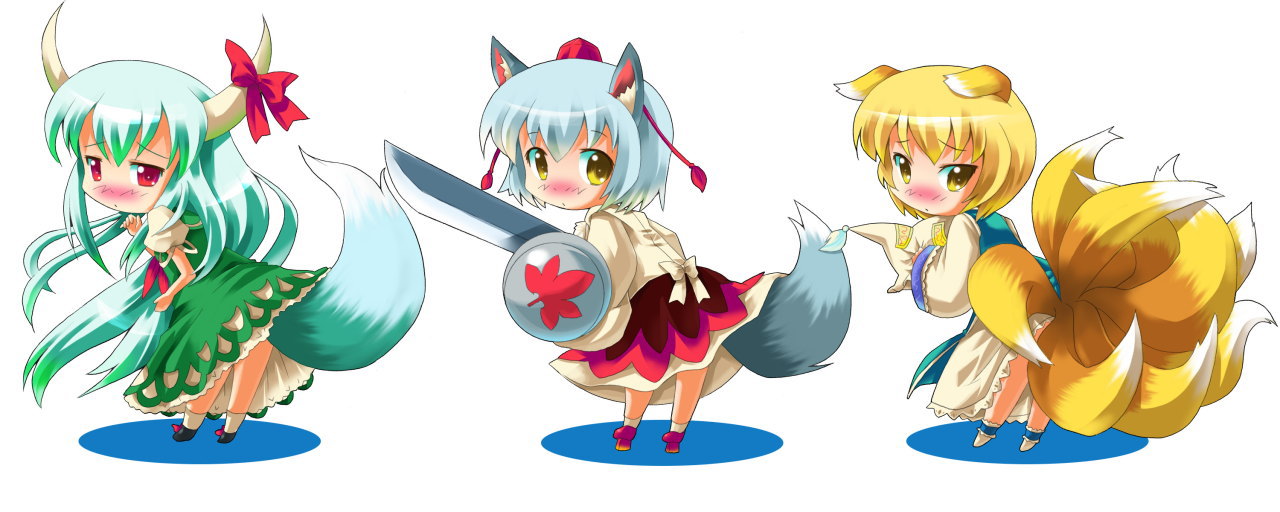 michii yuuki, ex-keine, inubashiri momiji, kamishirasawa keine, yakumo ran, touhou, 3girls, animal ears, blonde hair, blush, chibi, dancing, female focus, fox ears, fox tail, full body, holding, holding sword, holding weapon, horn ornament, horn ribbon, horns, kemonomimi mode, looking at viewer, looking back, multiple girls, multiple tails, no headwear, red eyes, ribbon, shield, shoes, sidelocks, simple background, socks, standing, sword, tail, unsheathed, weapon, white background, white hair, wolf ears