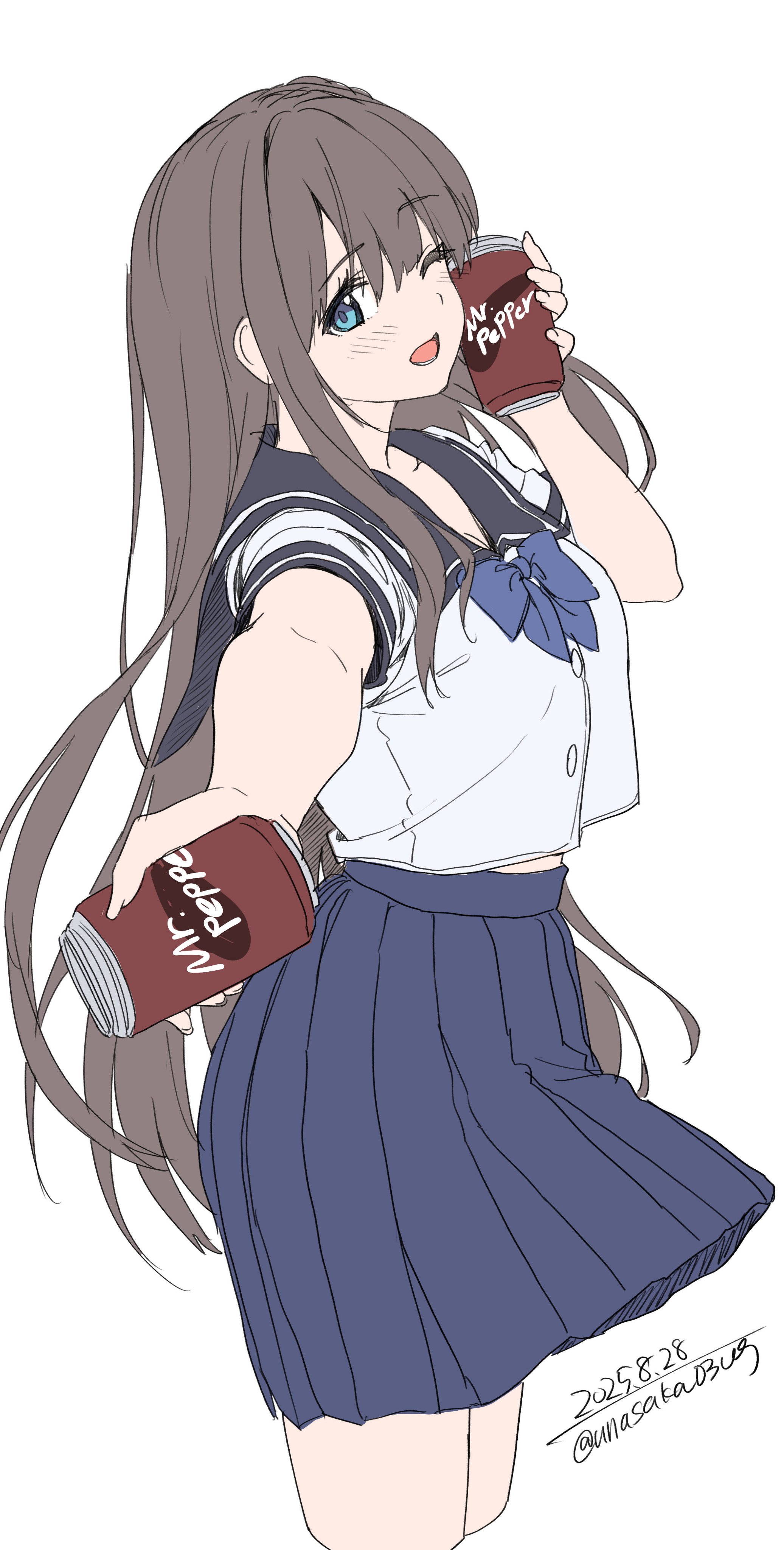 unasaka ryou, original, absurdres, highres, 1girl, blue bow, blue eyes, blue sailor collar, blue skirt, bow, breasts, brown hair, can, drink can, holding, holding can, long hair, looking at viewer, one eye closed, open mouth, outstretched arm, pleated skirt, sailor collar, school uniform, shirt, short sleeves, simple background, skirt, smile, soda can, solo, white background, white shirt