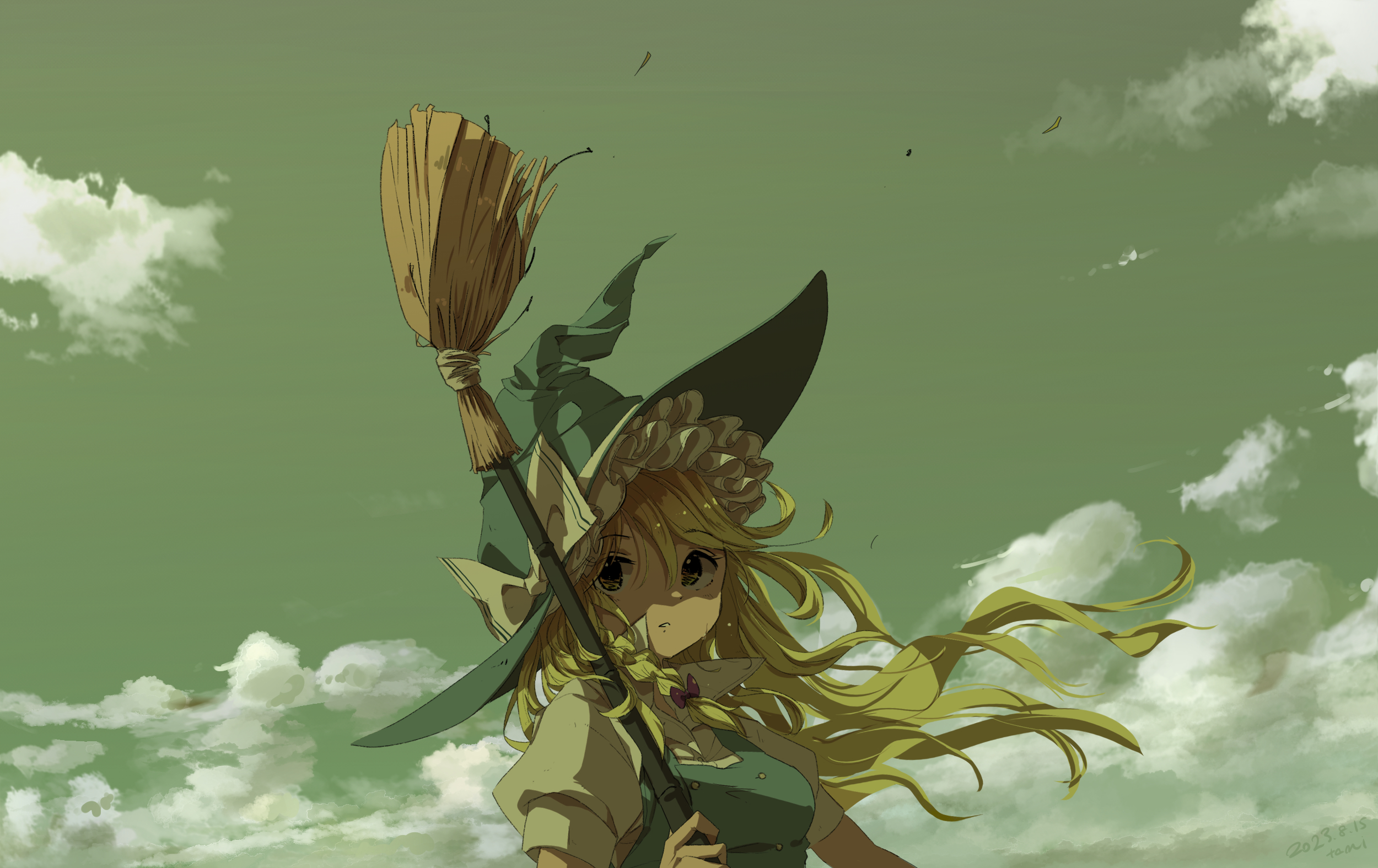 tami (joemanyodw), kirisame marisa, touhou, commentary, english commentary, highres, 1girl, blonde hair, bow, braid, broom, cloud, hat, hat bow, holding, holding broom, long hair, looking at viewer, outdoors, parted lips, puffy short sleeves, puffy sleeves, short sleeves, side braid, single braid, sky, solo, upper body, white bow, witch hat