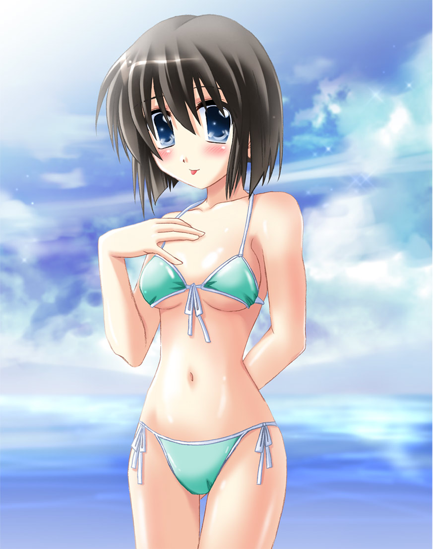otoki raku, misaka shiori, kanon, aqua bikini, bikini, day, short hair, side-tie bikini bottom, solo, swimsuit, tongue