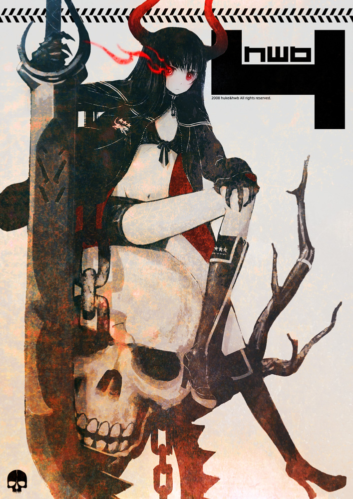 huke, black gold saw, king saw, black rock shooter, original, 10s, 1girl, armor, bikini, bikini top only, black bikini, black hair, boots, demon girl, female focus, flat chest, glowing, glowing eyes, high heels, horns, knee boots, kneehighs, midriff, red eyes, sitting, skull, socks, solo, swimsuit, sword, weapon