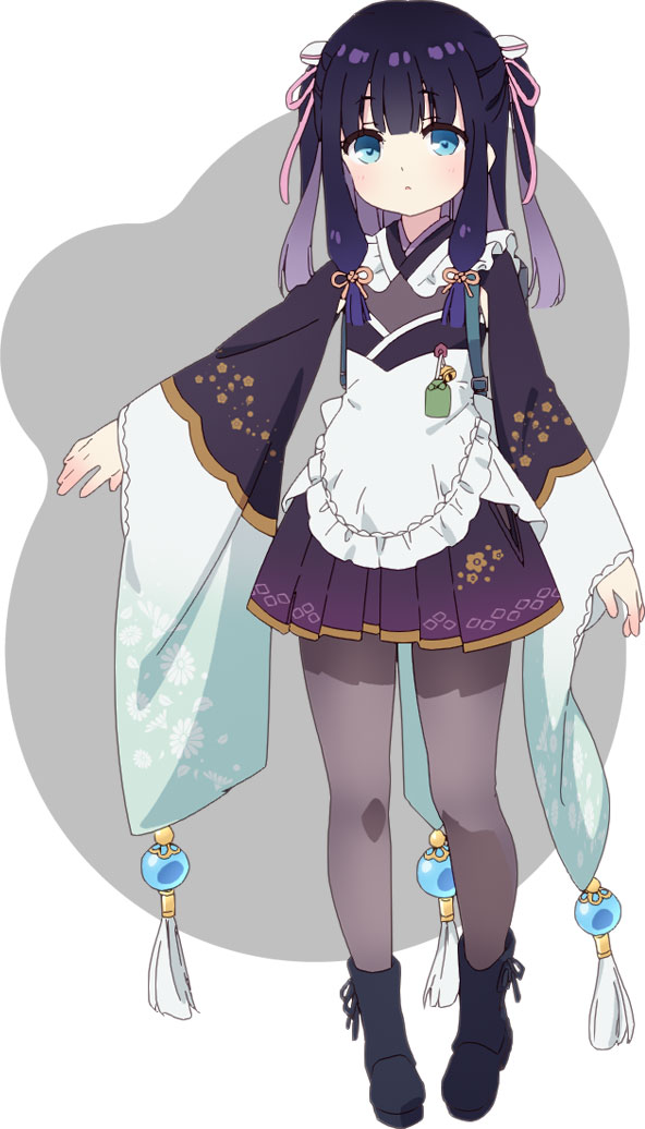 na-ga, haizakura (prima doll), prima doll (anime), official art, 1girl, anime coloring, apron, black hair, blue boots, blue eyes, blunt bangs, blush, boots, closed mouth, colored inner hair, frilled apron, frills, full body, grey background, hair ribbon, japanese clothes, kimono, long hair, looking at viewer, low-tied sidelocks, multicolored hair, omamori, open hands, outstretched arm, pantyhose, pink hair, pink ribbon, purple kimono, purple pantyhose, ribbon, short kimono, sidelocks, solo, standing, two-tone background, two-tone hair, two side up, waist apron, white apron, white background, wide sleeves