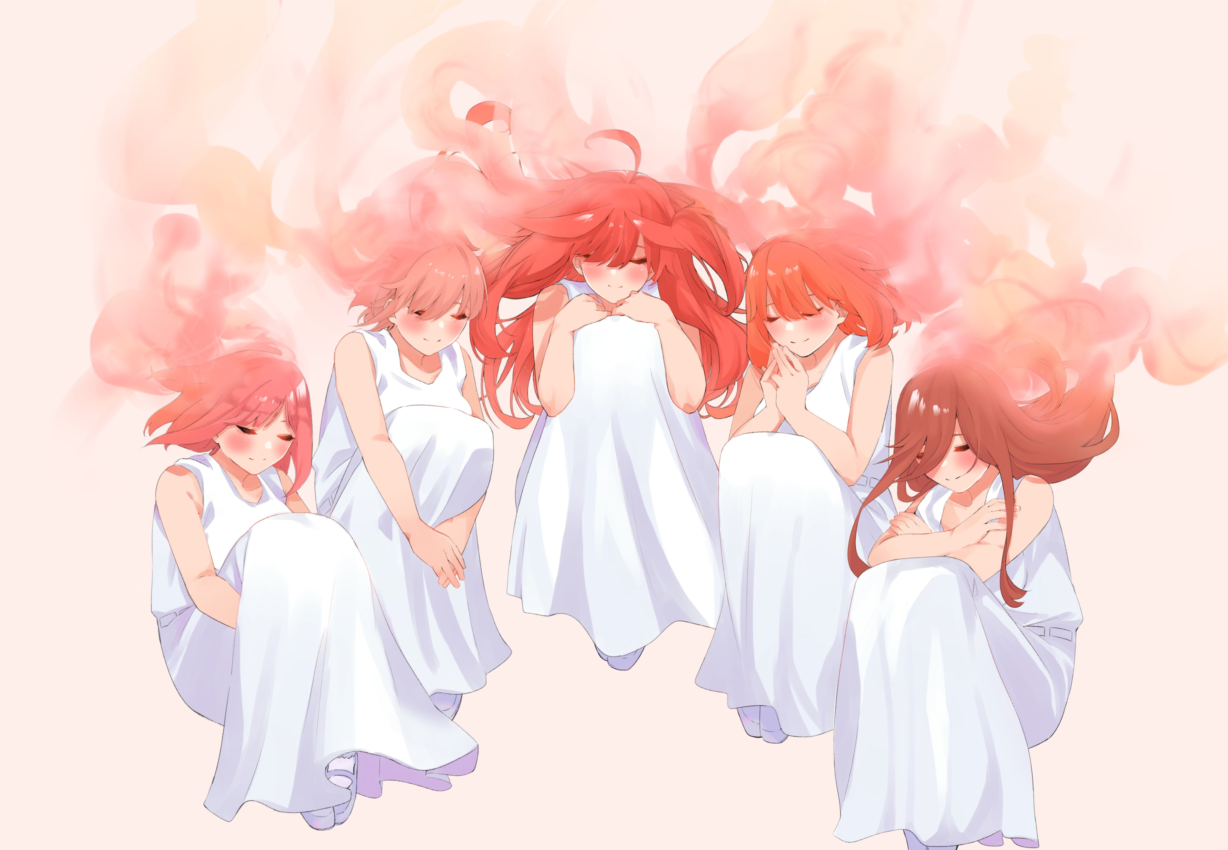 mojyu saico, nakano ichika, nakano itsuki, nakano miku, nakano nino, nakano yotsuba, go-toubun no hanayome, absurdres, commentary request, highres, 5girls, ahoge, blush, closed eyes, closed mouth, dress, full body, knees up, multiple girls, quintuplets, red hair, siblings, sisters, sitting, sleeveless, sleeveless dress, white dress