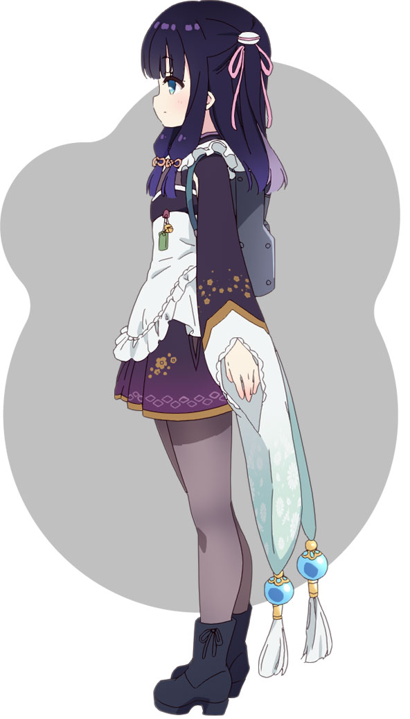 na-ga, haizakura (prima doll), prima doll (anime), official art, 1girl, anime coloring, apron, black hair, blue boots, blue eyes, blunt bangs, blush, boots, closed mouth, colored inner hair, frilled apron, frills, from side, full body, grey background, hair ornament, hair ribbon, japanese clothes, kimono, long hair, low-tied sidelocks, multicolored hair, omamori, open hand, outstretched arm, pantyhose, pink hair, pink ribbon, profile, purple kimono, purple pantyhose, ribbon, short kimono, sidelocks, solo, standing, two-tone background, two-tone hair, two side up, waist apron, white apron, white background, wide sleeves