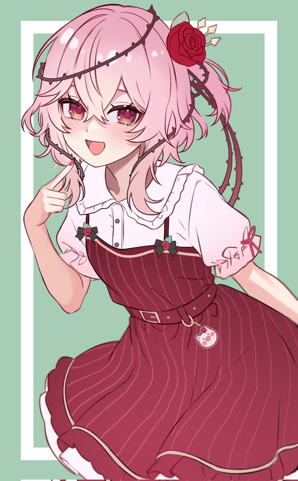 ive (iveith), rosebud (rosemi lovelock), rosemi lovelock, nijisanji, nijisanji en, commentary, english commentary, highres, 1girl, :d, blush, dress, flower, hair between eyes, hair flower, hair ornament, hair vines, looking at viewer, medium hair, open mouth, pink hair, pointing, pointing at self, red dress, red eyes, red flower, red nails, red rose, rose, side ponytail, smile, solo, thorns, virtual youtuber