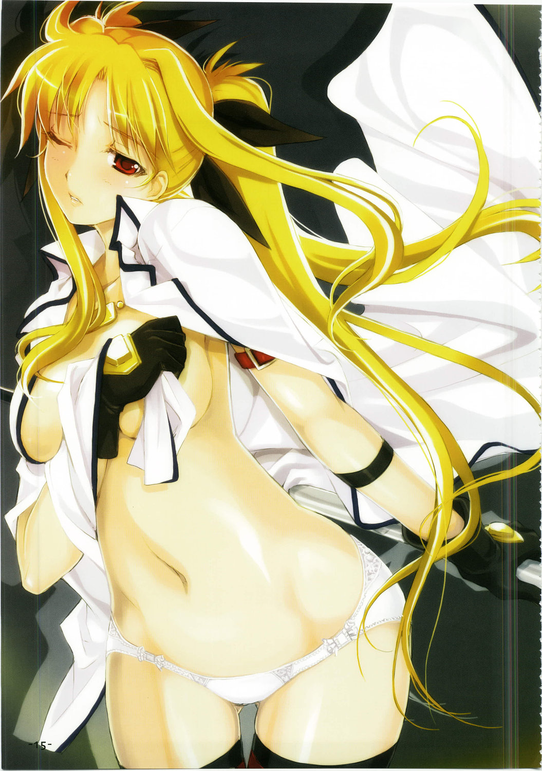 mikazuki akira!, fate testarossa, lyrical nanoha, mahou shoujo lyrical nanoha, mahou shoujo lyrical nanoha a's, highres, 00s, blonde hair, cape, gloves, hair ribbon, long hair, panties, red eyes, ribbon, solo, thigh gap, thighhighs, thighs, topless female, twintails, underwear, undressing