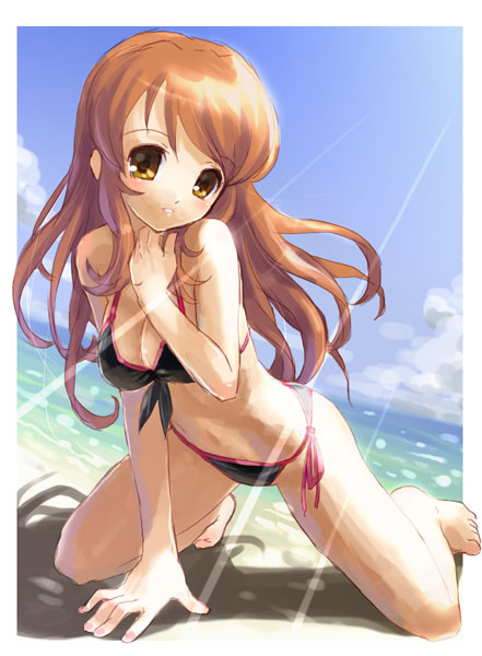 katahira masashi, asahina mikuru, suzumiya haruhi no yuuutsu, 00s, 1girl, barefoot, beach, bikini, day, female focus, full body, halterneck, ocean, outdoors, side-tie bikini bottom, sky, solo, string bikini, swimsuit