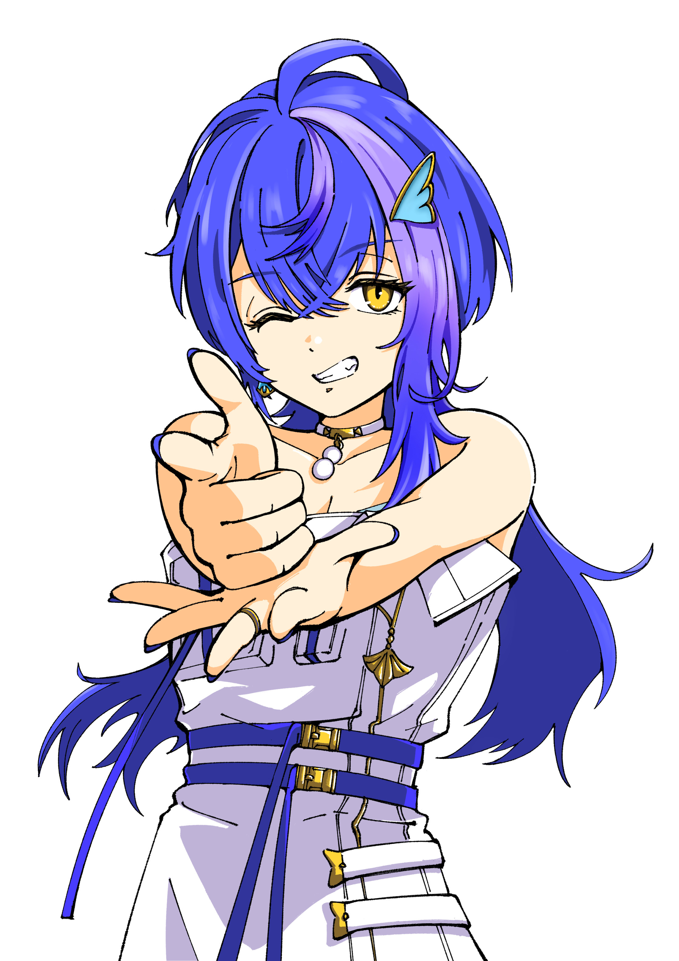 itsumeee3, live union, absurdres, commentary request, highres, 1girl, bare shoulders, blue hair, breasts, choker, cleavage, cowboy shot, crossed bangs, dress, finger gun, hair between eyes, hair ornament, jewelry, long hair, looking at viewer, multicolored hair, off-shoulder dress, off shoulder, one eye closed, own hands together, pointing, pointing at viewer, purple streaks, ring, setono toto (live union), simple background, sleeveless, sleeveless dress, smile, solo, streaked hair, virtual youtuber, white background, white choker, white dress, yellow eyes