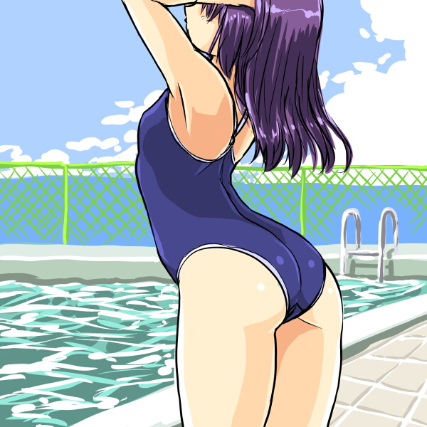 dd (ijigendd), original, saki (manga), bad id, bad pixiv id, 00s, 1girl, armpits, arms up, ass, chain-link fence, day, female focus, fence, long hair, one-piece swimsuit, outdoors, pool, pool ladder, poolside, purple hair, school swimsuit, solo, swimsuit