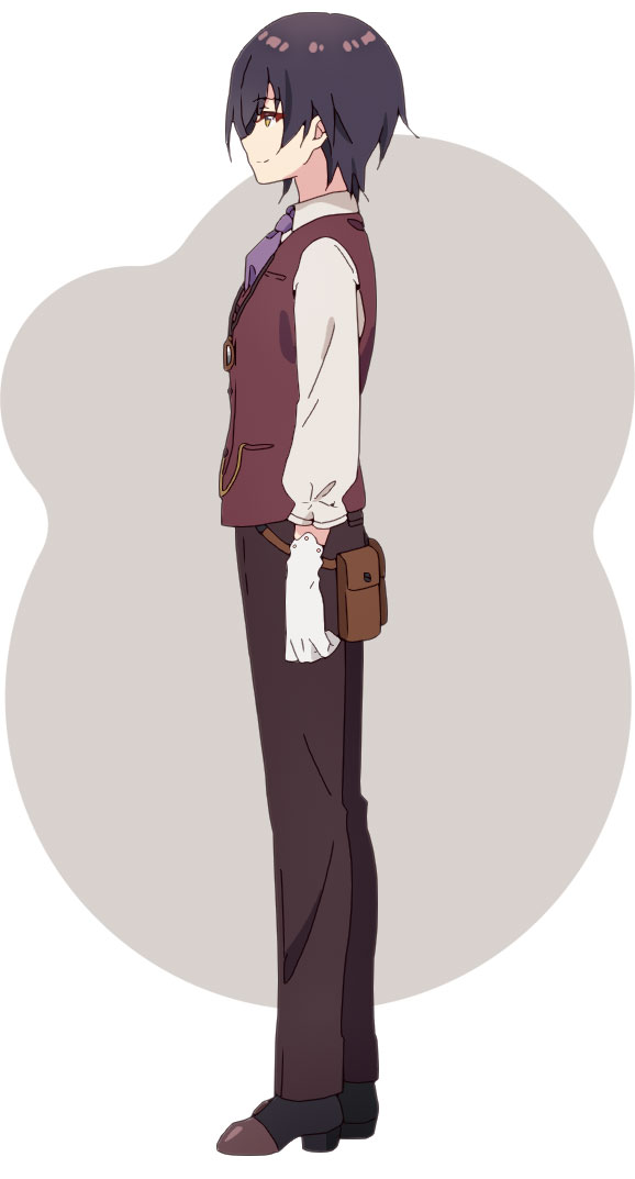 na-ga, tohma nagi, prima doll (anime), official art, 1boy, anime coloring, belt pouch, black hair, black shoes, brown pants, closed mouth, collared shirt, dress shoes, eyeliner, full body, gloves, grey background, hair between eyes, long sleeves, makeup, necktie, pants, pouch, purple necktie, purple vest, red eyeliner, shirt, shoes, short hair, smile, solo, standing, two-tone background, vest, white background, white gloves, white shirt
