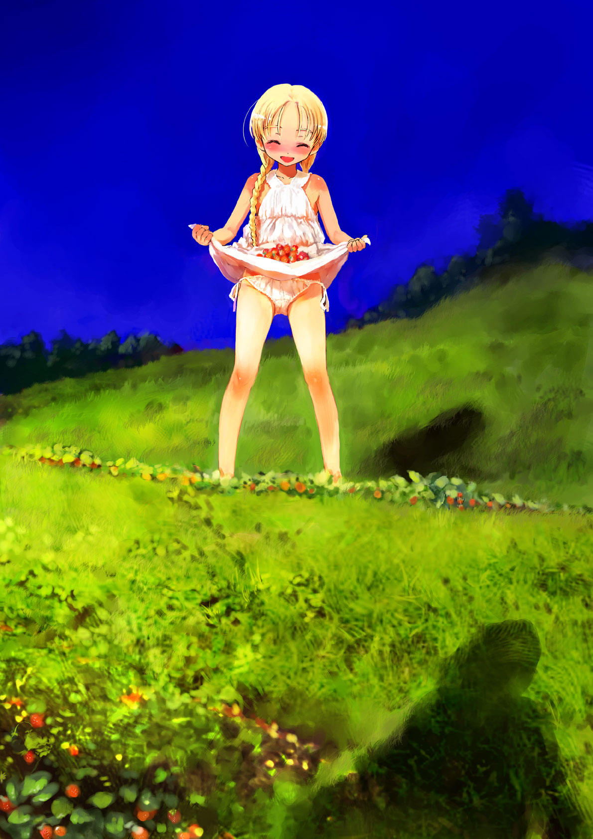 sasahara yuuki, gunslinger girl, highres, 00s, 1girl, blonde hair, blush, braid, clothes lift, day, dress, dress lift, female focus, food, fruit, grass, laughing, loli, nature, outdoors, panties, scenery, side-tie panties, skirt, skirt lift, sky, smile, solo, strawberry, tree, twin braids, underwear, upskirt