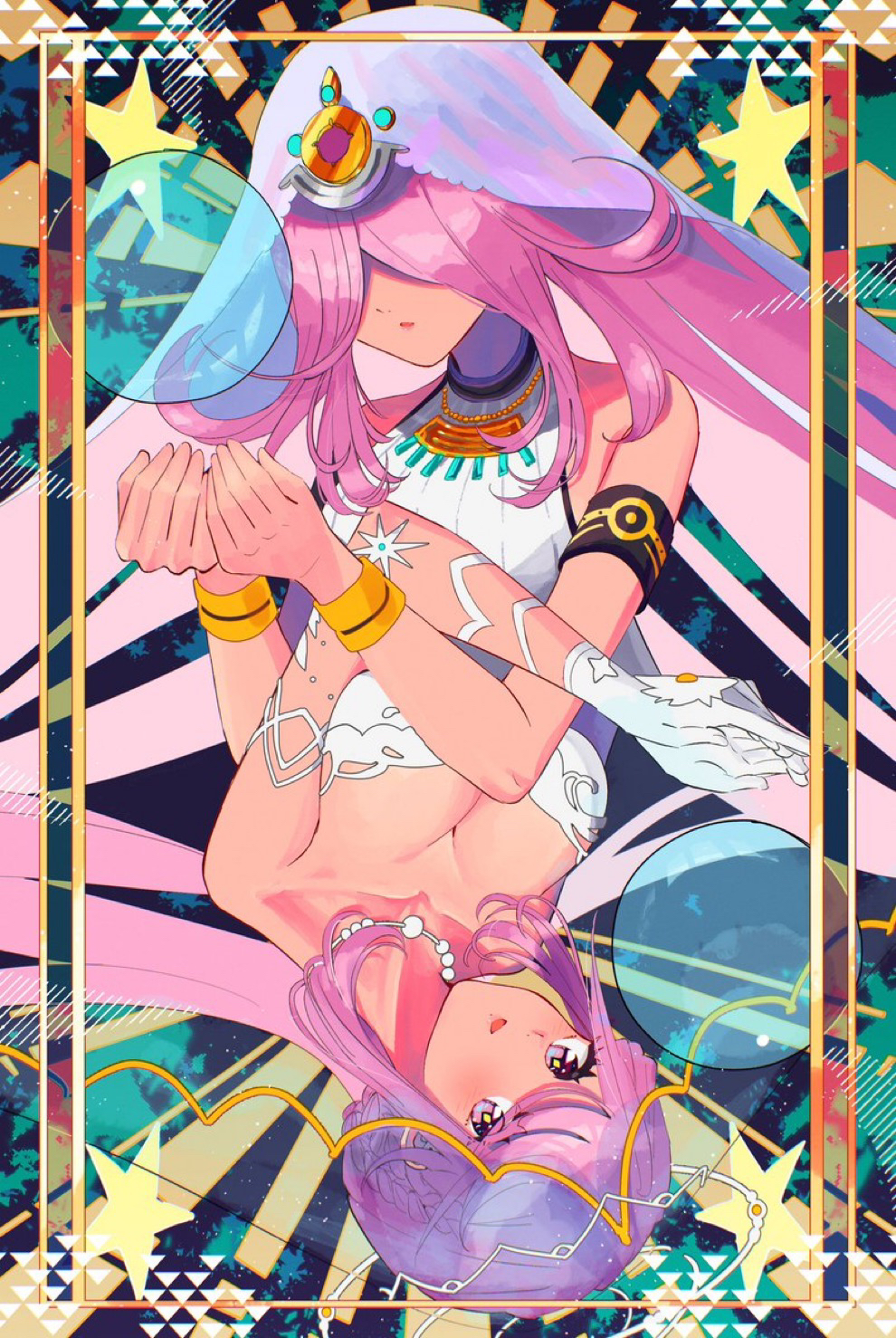 tanaka kuronisi, sakuraba seira, heaven burns red, highres, 1girl, breasts, covered eyes, crystal ball, gloves, hair over one eye, happy, large breasts, long hair, multiple views, pink hair, veil, very long hair, white gloves