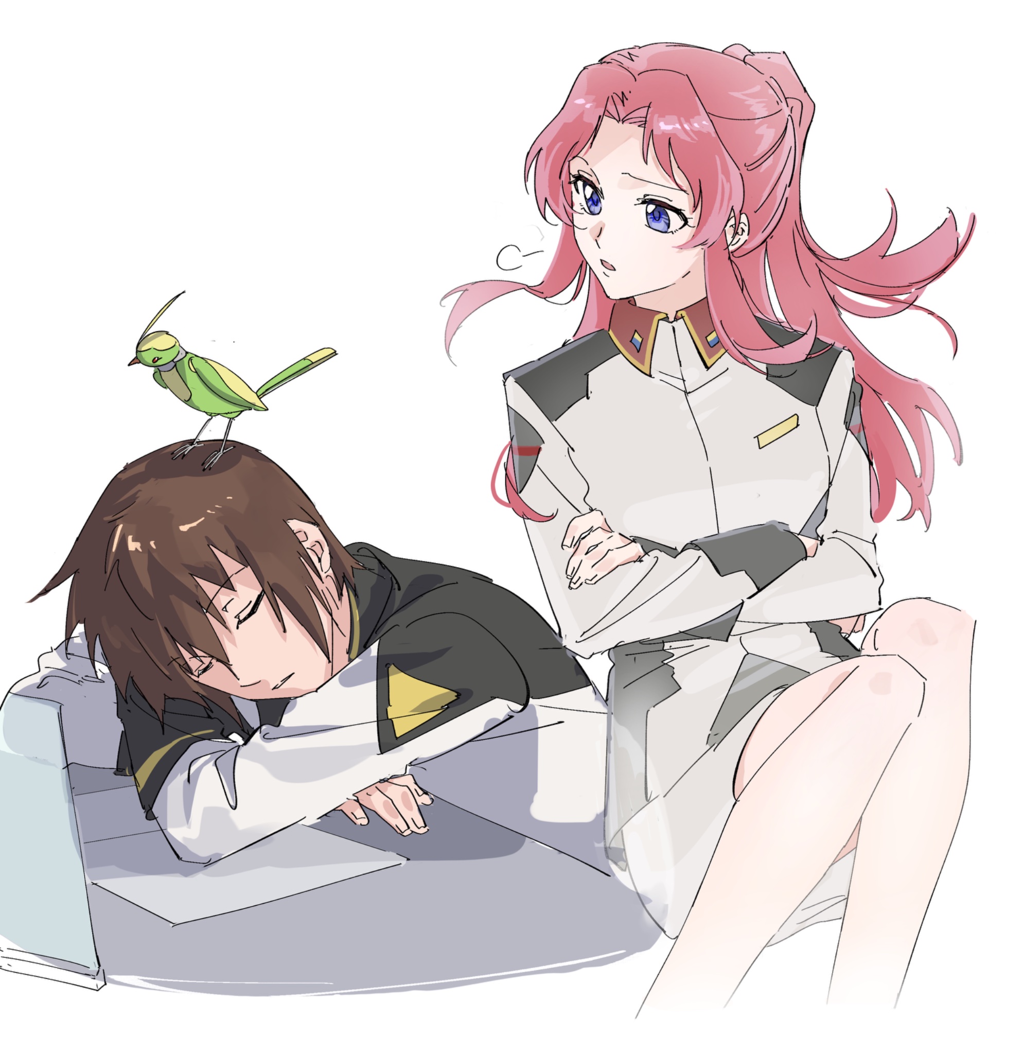 nanao parakeet, flay allster, kira yamato, torii (gundam), gundam, gundam seed, gundam seed freedom, highres, 1boy, 1girl, breasts, brown hair, crossed arms, jacket, long hair, long sleeves, military, military jacket, military uniform, non-humanoid robot, open mouth, ponytail, purple eyes, red hair, robot, robot animal, shirt, short hair, skirt, sleeping, spirit, zaft uniform