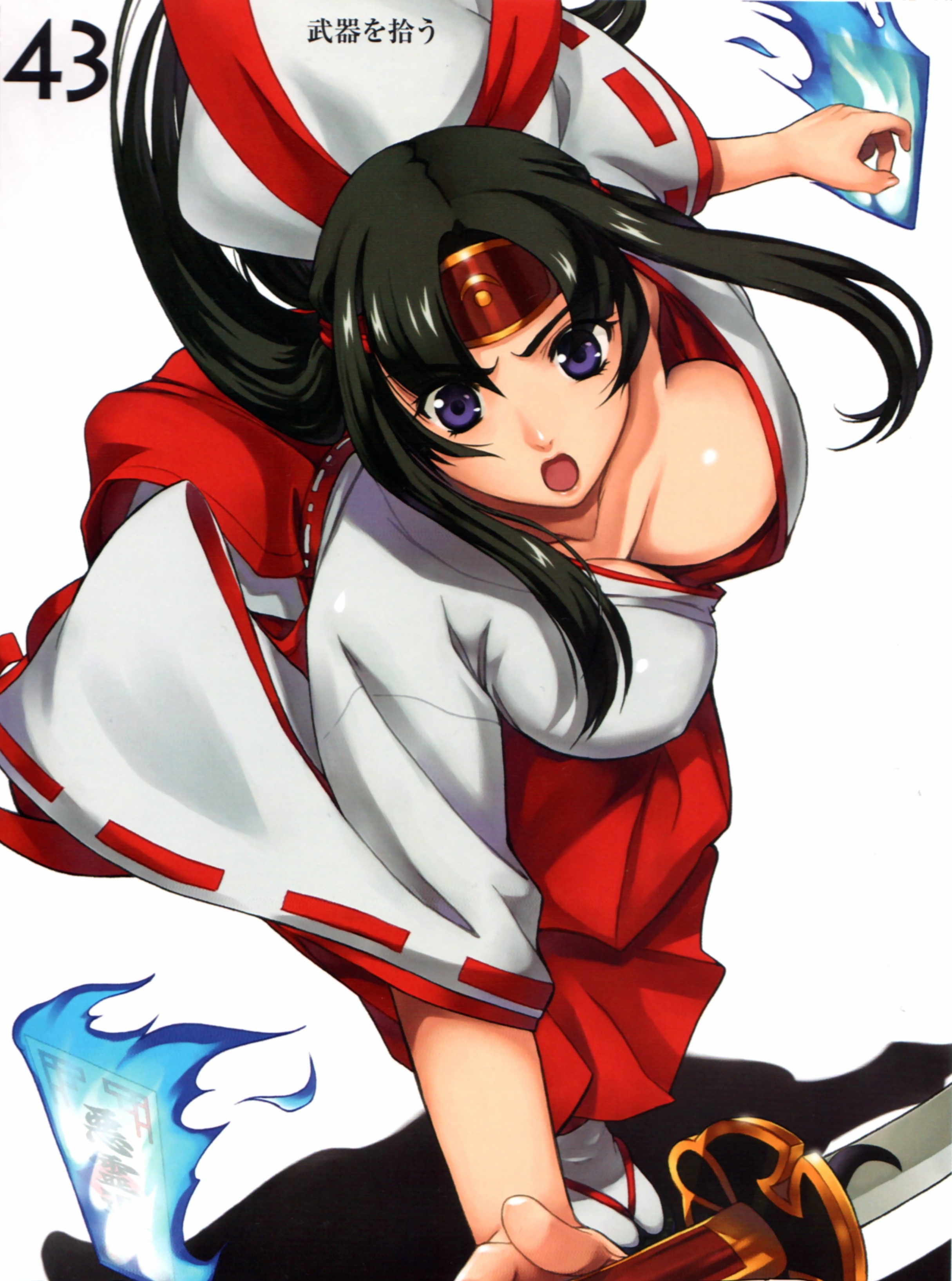 eiwa, musha miko tomoe, tomoe (queen's blade), queen's blade, white legwear, absurdres, highres, official art, 00s, 1girl, black hair, breasts, downblouse, female focus, hakama, hakama skirt, headband, japanese clothes, katana, kimono, large breasts, long hair, long sleeves, miko, ofuda, open mouth, purple eyes, red hakama, red headband, ribbon-trimmed sleeves, ribbon trim, serious, sidelocks, skirt, solo, sword, tabi, v-shaped eyebrows, weapon, wide sleeves