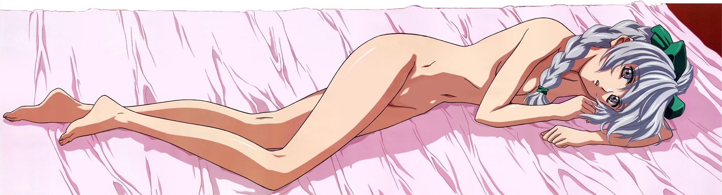 horiuchi osamu, teletha testarossa, full metal panic!, highres, long image, nude filter, third-party edit, wide image, 00s, 1girl, barefoot, bed, blue hair, braid, breasts, feet, female focus, long hair, lying, no pussy, nude, ribbon, solo, toes