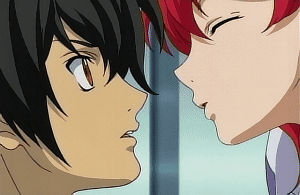 nena trinity, setsuna f. seiei, gundam, gundam 00, animated, animated gif, lowres, spoilers, 00s, 1boy, 1girl, closed eyes, earrings, freckles, hetero, jewelry, kiss, red hair, yellow eyes